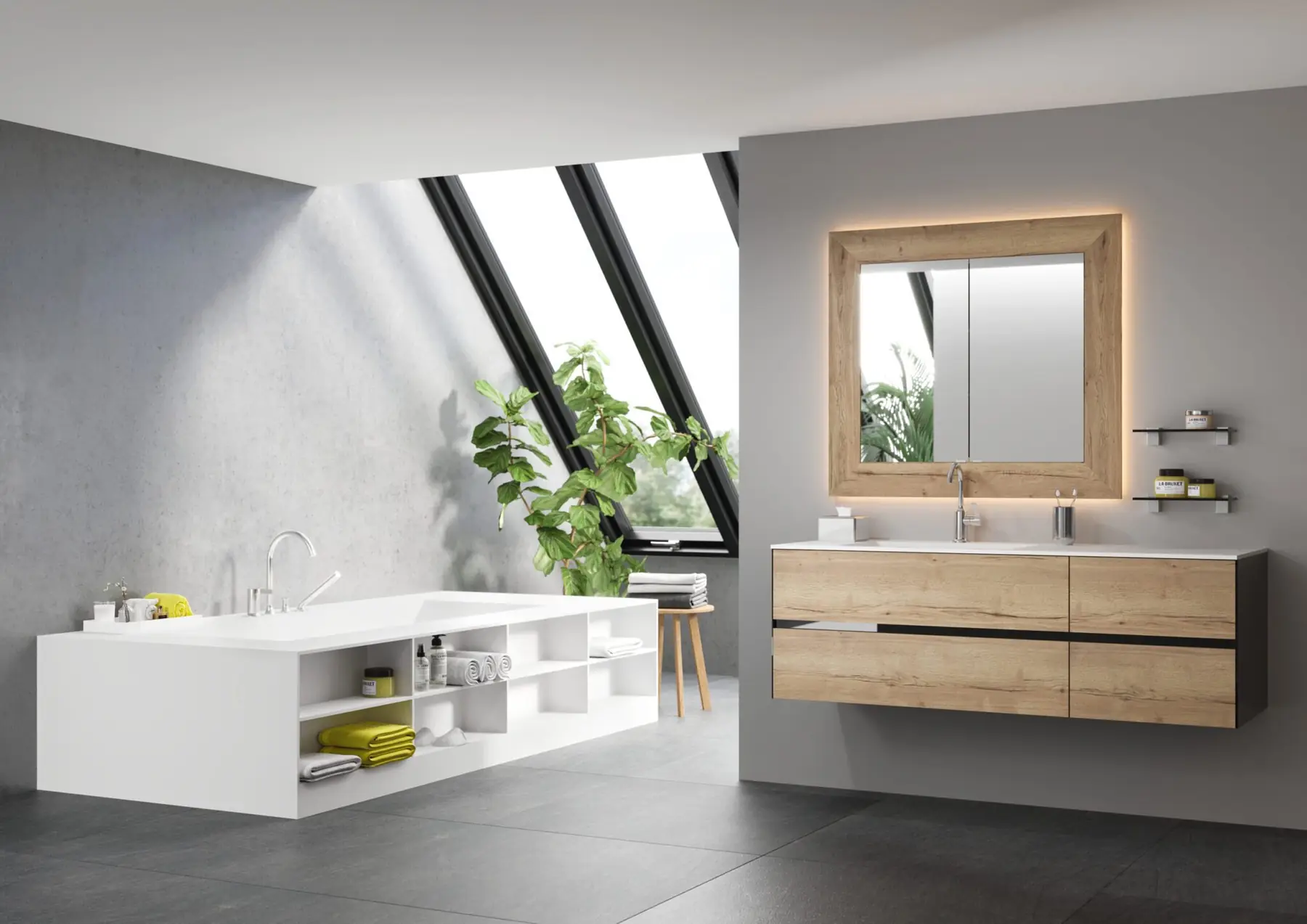 Badezimmer unter der Dachschräge mit Doppelwaschtisch und Holzrahmenspiegel
