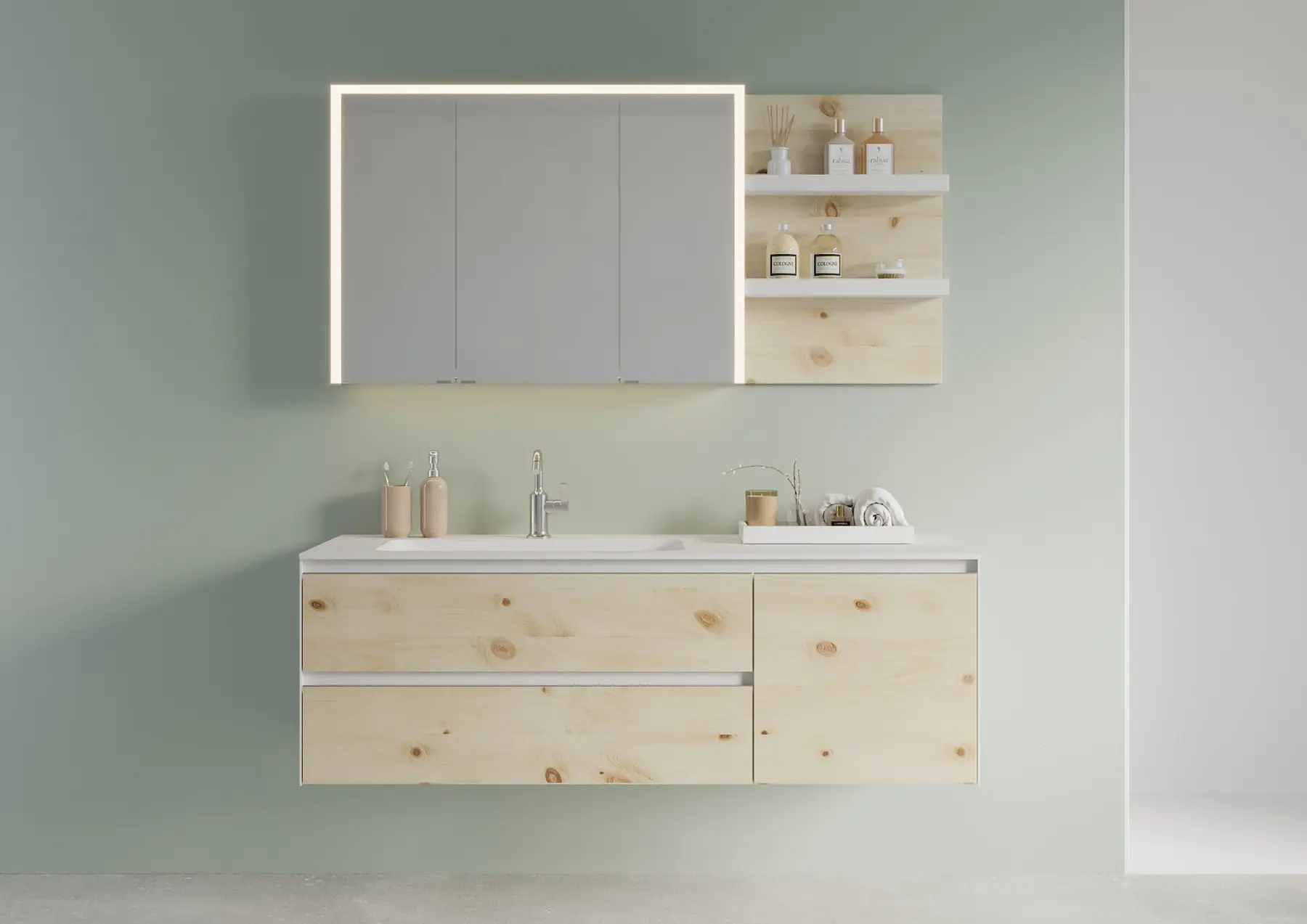 Waschtisch aus hellem Zirbenholz mit Spiegelschrank vor salbeigrüner Wand