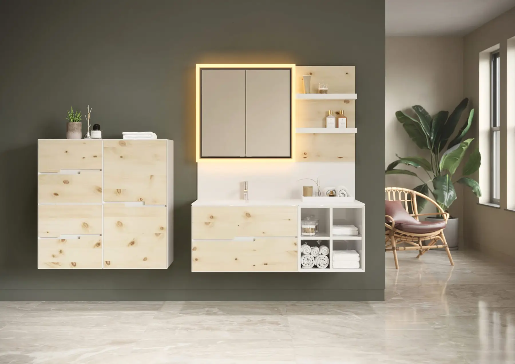 Badmöbel aus Zirbenholz mit beleuchtetem Spiegelschrank und offenen Regalen