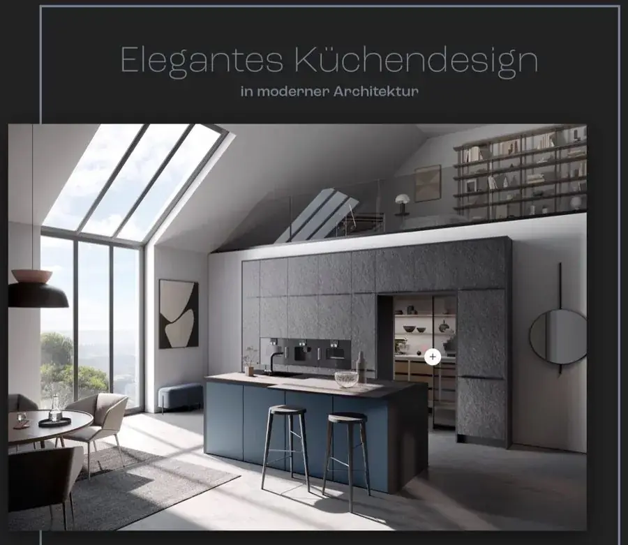 Titelbild des Katalogs „Elegantes Küchendesign“ mit dunkler Inselküche