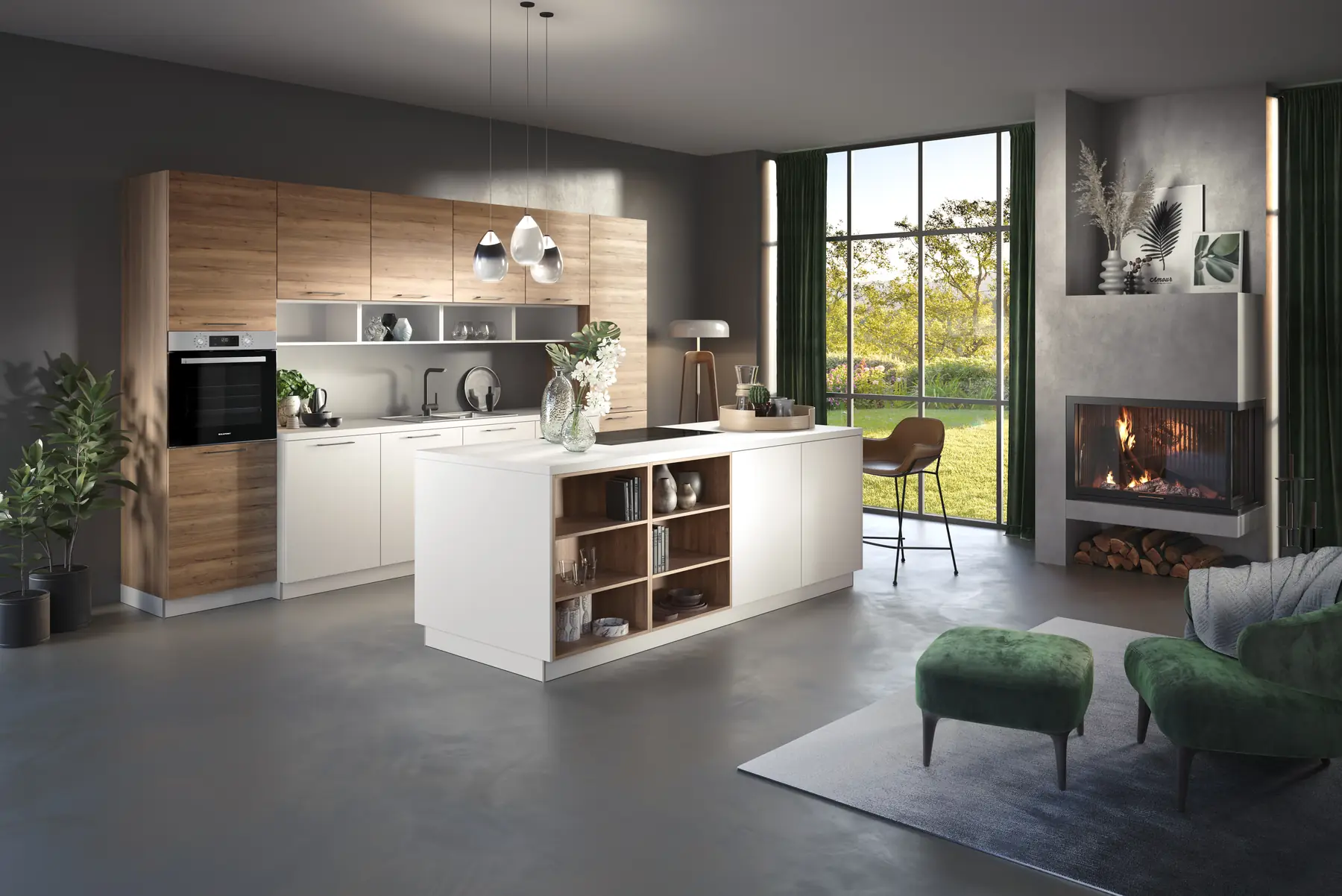 Küche Uno in Polarweiß mit Regalen in Alteiche und Kochinsel am Kamin