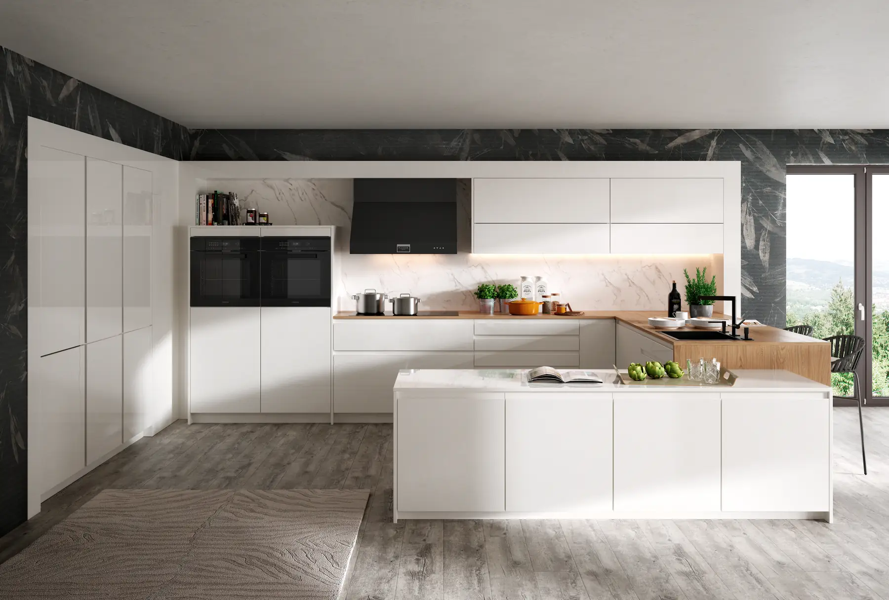 Küche Sevilla in Weiß mit Marmorrückwand, zwei Backöfen und Halbinsel in Holz