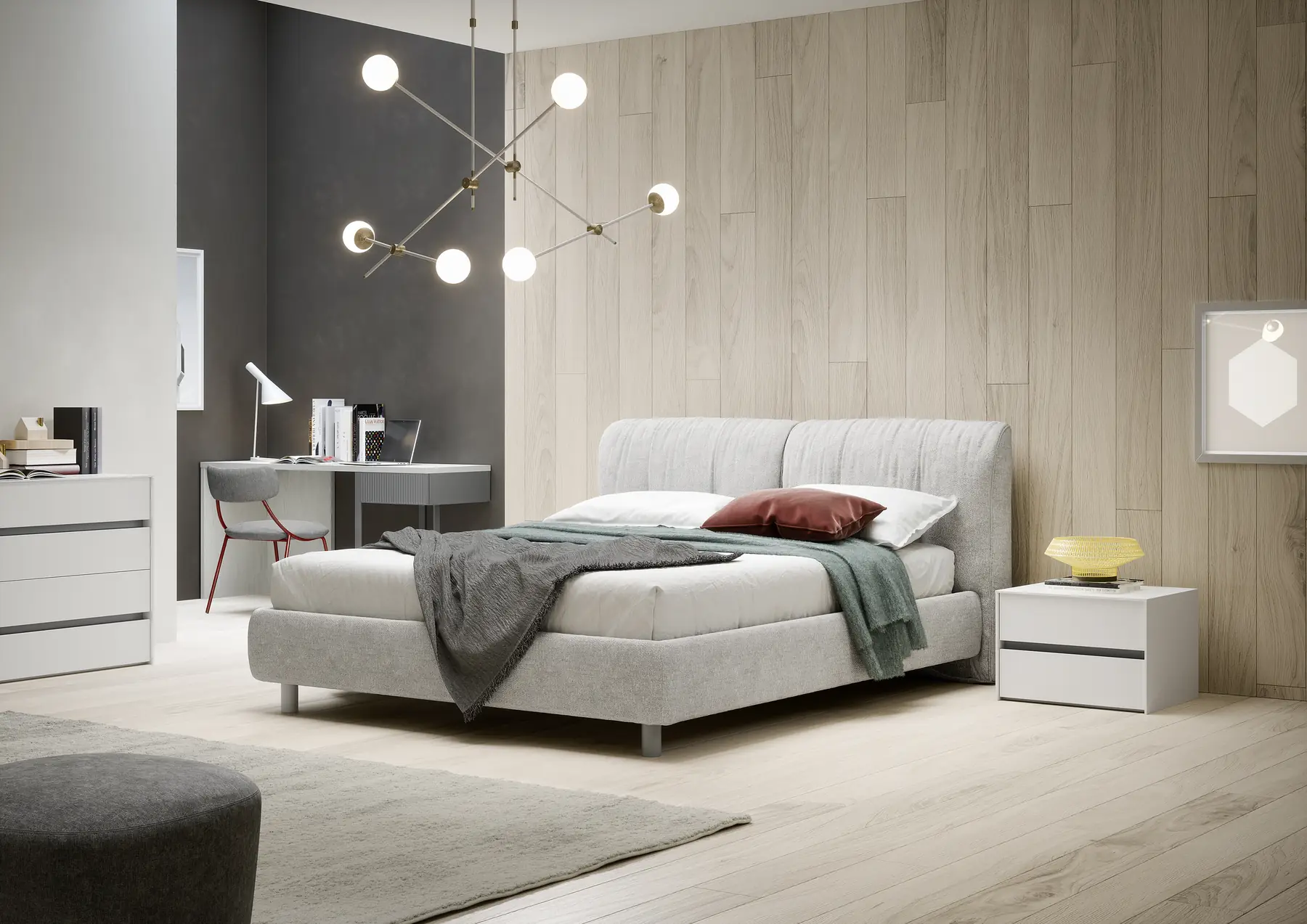 Polsterbett in Grau mit Nachtkästchen und Designleuchte