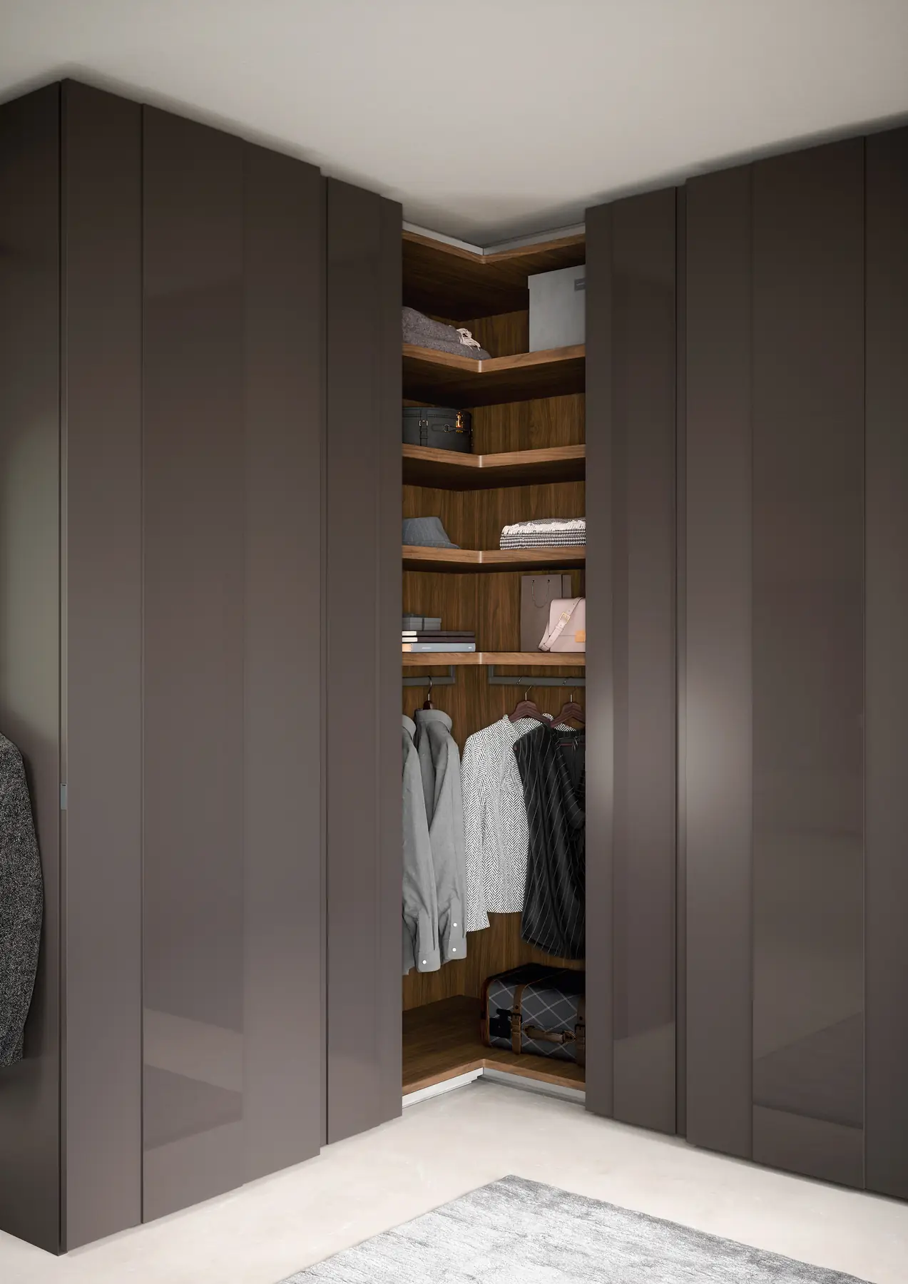 Eckschrank in Grau mit offenem Innenraum und Kleiderstange
