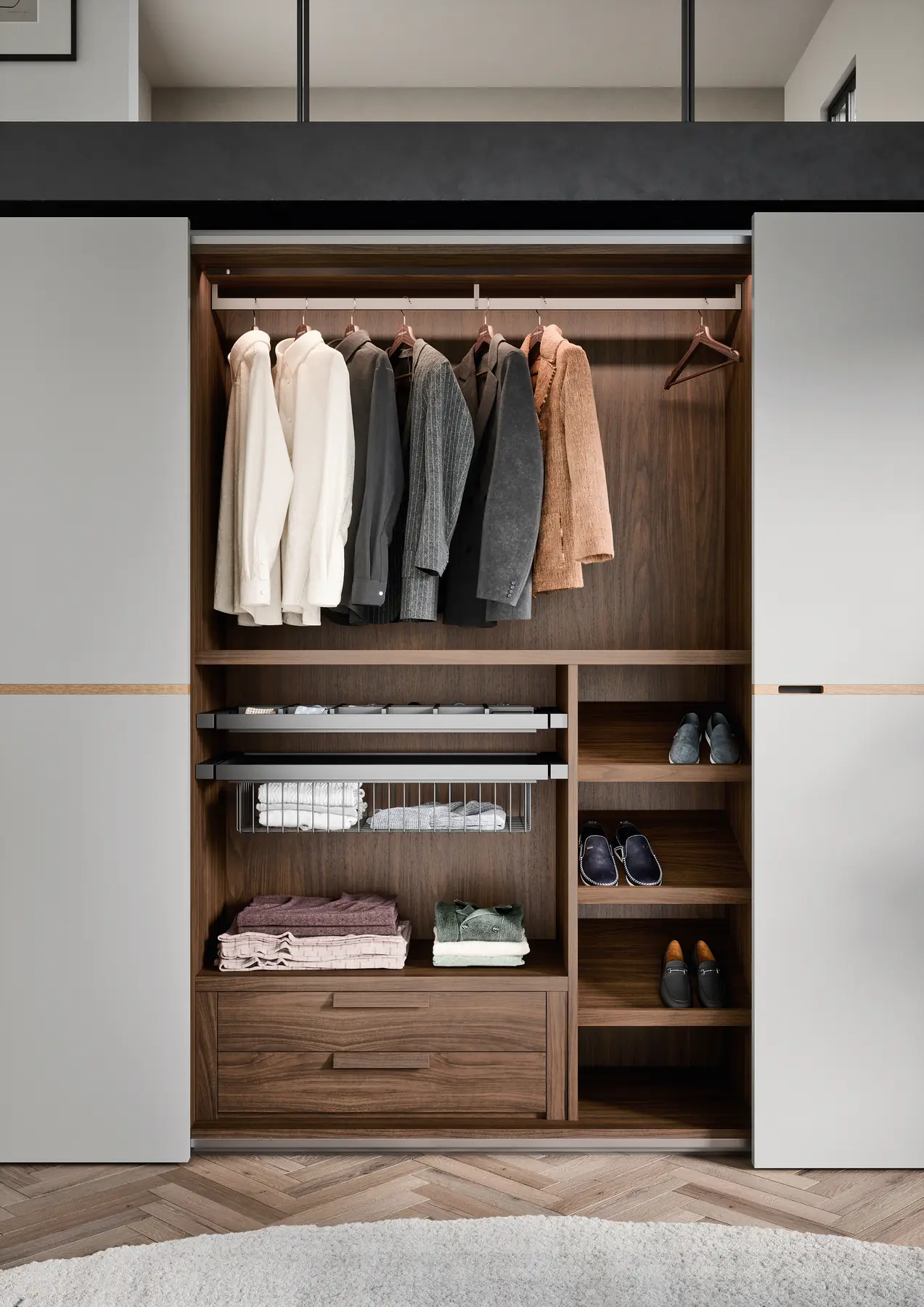 Kleiderschrank mit Kleiderstange, Wäschefächern und Schubladen
