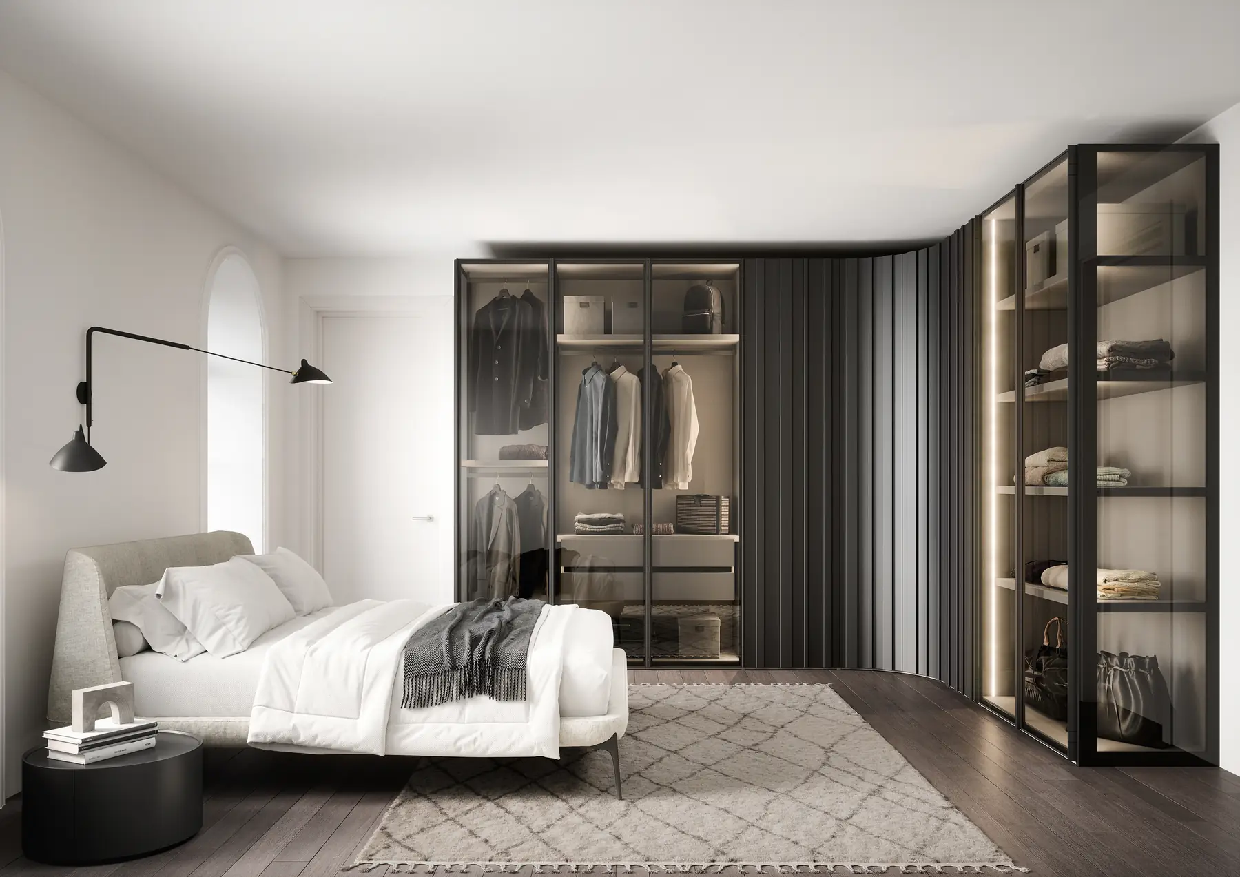 Schlafzimmer mit Bett und beleuchtetem Eckschrank aus Glas