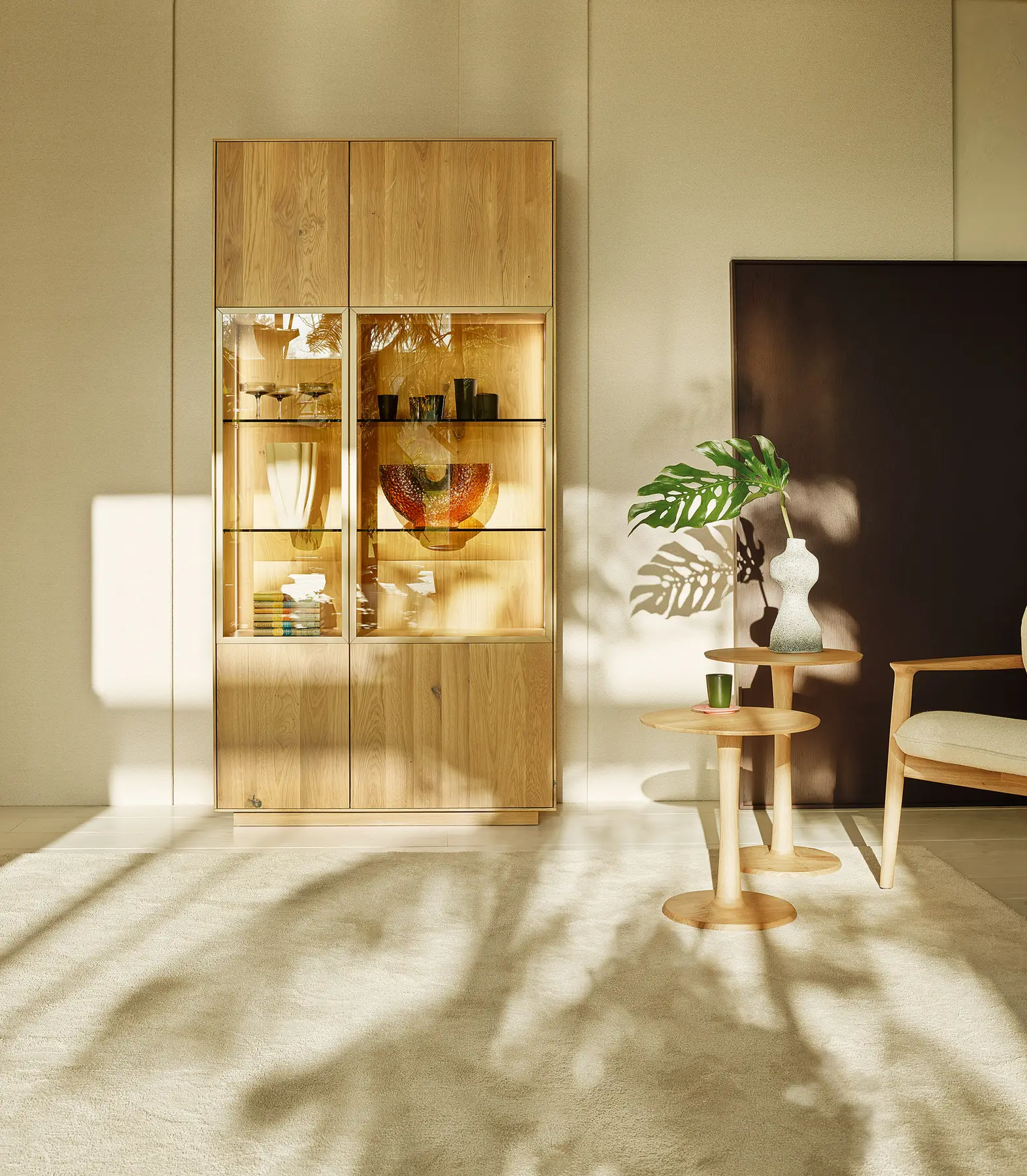 Hohe Holzvitrine mit beleuchteten Glasfächern neben einem Fernseher im Sonnenlicht